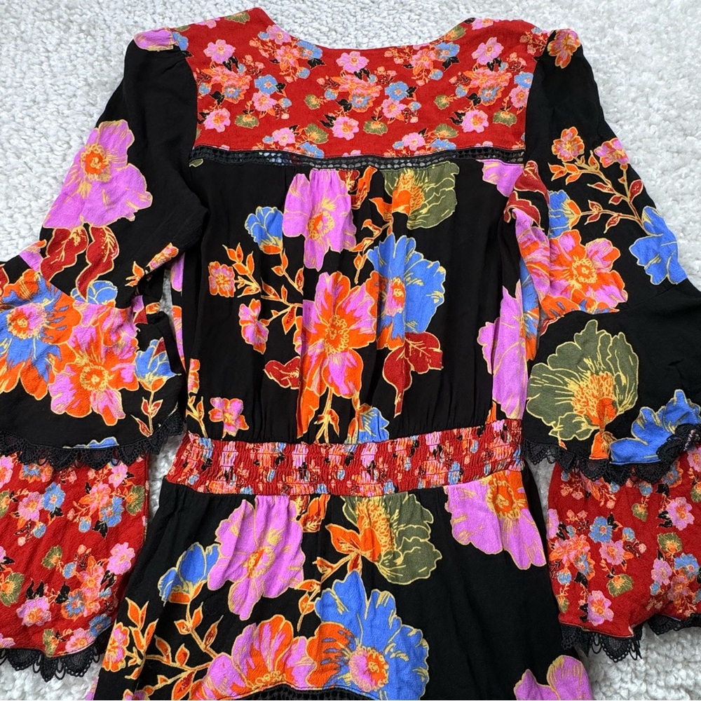 Free People Penny Printed Maxi Bodysuit Dress. Boho Floral Bright Lace Ruffle XS - Picture 15 of 16